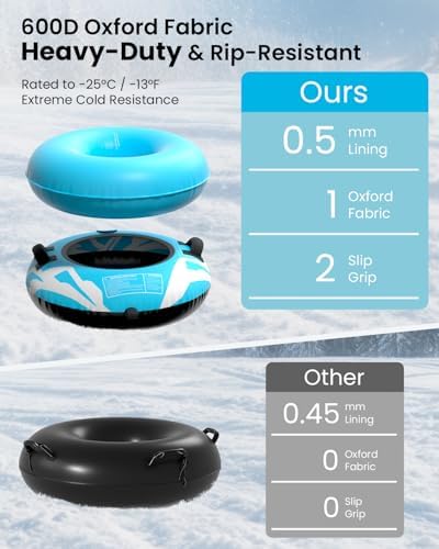 Snow Tube for Sledding Heavy Duty, Inflatable Snow Sled Innertube with Air Pump & Premium Canvas Cover for Kids Adult with Thickened Bottom, Towable Rope (2 Pack)