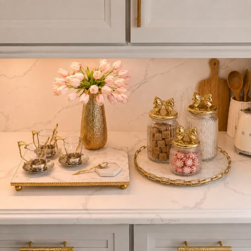 Mimorou 3 Set Gold Bow Candy Glass Jars with Ceramic Lids 44oz 33oz 22oz Summer Bow Cookie Jars Airtight Glass Food Storage Containers for Spring Summer Party Tea Cookie Snacks Sugar