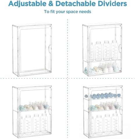HBlife Baby Bottle Storage Organizer for Wall Countertop Cabinet, 3 Tiers Adjustable Clear Acrylic Bottles Storage Station Case Box Container with 2 Removable Dividers and Magnetic Door, Small