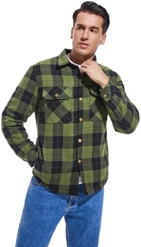 Men's Sherpa Cotton Flannel Shirt Jacket Plaid Button Coat Pocket