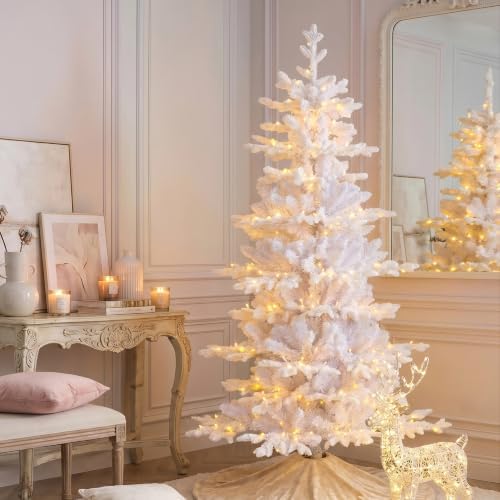 Glitzhome 6ft Prelit Artificial Christmas Tree, Slim White Frostfall Fir Xmas Tree with 260 Warm White & Multi-Color Lights, 1,056 PE&PVC Tips, Flocked Christmas Tree for Indoor Holiday Spaces