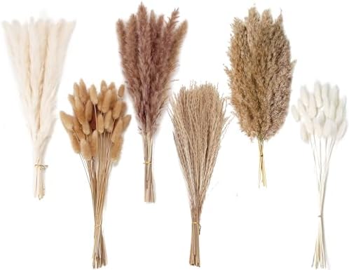 Dried Pampas Grass Decor, 120 PCS Pampas Grass with Bunny Tails Dried Flowers, Reed Grass Bouquet for Wedding, Boho Flowers, Home Table Decor, Rustic Farmhouse Party (White and Brown)