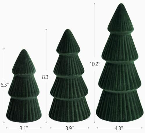 Christmas Decorations - Set of 3 Velvet Ceramic Christmas Trees (Green)