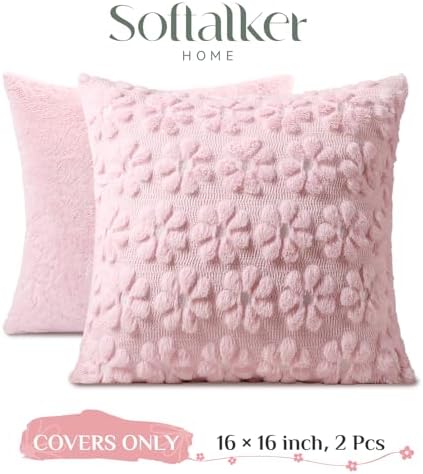 Softalker Spring Decorative Throw Pillow Covers 16 x 16 Inch Set of 2, Farmhouse Summer Floral Daisy Soft Faux Fur Cushion Covers, 3D Pillow Cases for Couch Bedroom Living Sofa Room Home Decor, Pink