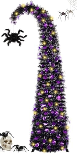 5FT Curved Halloween Pop Up Christmas Tree with Spider Pendant and Lights