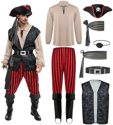 Spooktacular Creations Men Pirate Costume, Adult Pirate Shirt Vest Viking Pants Hat Set for Halloween Themed Parties