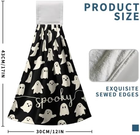 Halloween Kitchen Hanging Towel Set of 2 Black White Spooky Ghost Kitchen Hand Towels with Hanging Loops Dish Washcloth Soft Absorbent Bath Tie Towel for Bathroom Decor