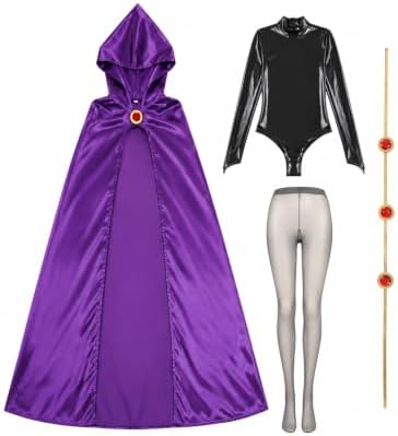 Raven Costume Set for Women with Hooded Cape Bodysuit and Gem Belt