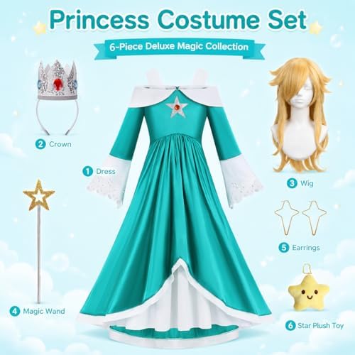 Girls Galaxy Princess Costume Kids Teal Maxi Dress with Accessories Set