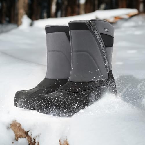 mysoft Men's Winter Snow Boots Mid Calf Waterproof Insulated Fur Lined Warm Anti-Slip Zip Boot