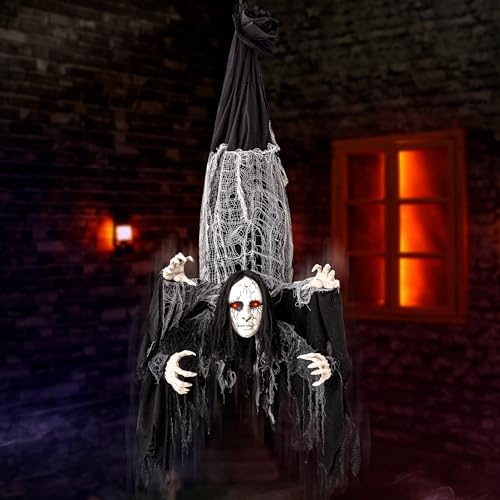Halloween Animatronics Decorations Hanging Ghost with 4 Hands, 67'' Animated Spooky Zombie Ghosts with Creepy Sounds, Lighted Eyes, Scary Move, Haunted House Props Decor for Indoor Outdoor Yard Lawn