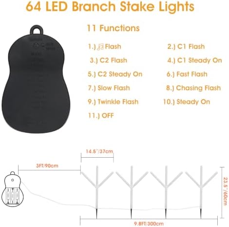 4PK 64 LED Branch Stake Lights, 11 Modes 9.8 FT Total Length, Decoration Lights, Outdoor Use, Battery Operated for Holiday, Classroom, Party, Christmas (Warm White+Multi-Color)