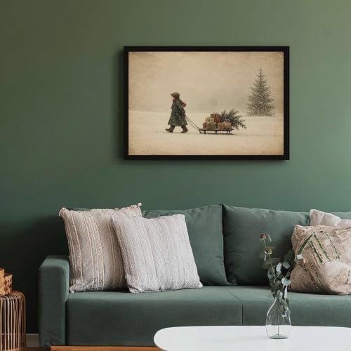 Vintage Child Sled Wrapped Boxes Evergreen Snow Christmas Canvas Wall Art