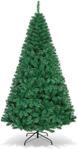 HAPPYGRILL 7FT Artificial Christmas Tree, Unlit Xmas Pine Tree, Metal Stand