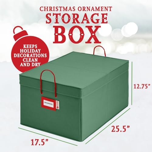 HOLDN’ STORAGE Christmas Ornament Storage Box with Dividers, Holds Up to 72 Ornaments (4 Inches), Large Organizer with 3 Stackable Trays - Green
