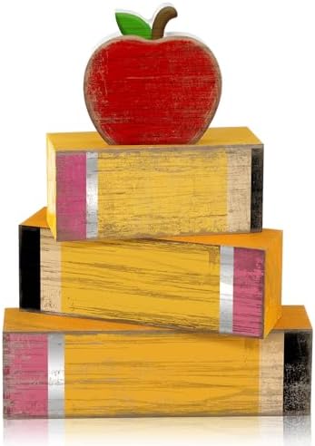 Lineshading 4 Pcs Back To School Table Decor Wooden Apple Block Signs