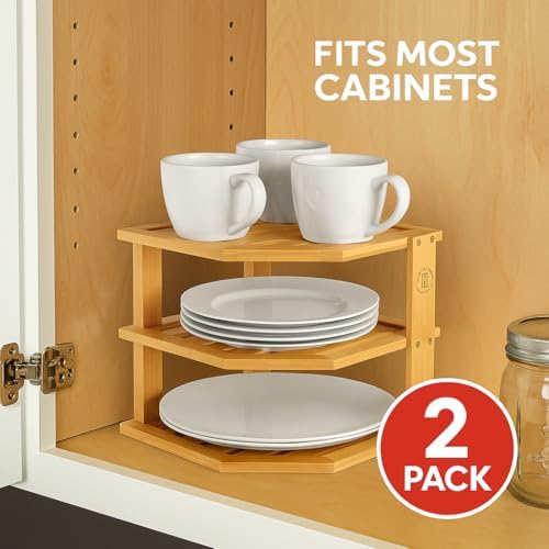 Bamboo Plate Organizer for Cabinet, 3 Tier Corner Shelf Riser, 2 Pack