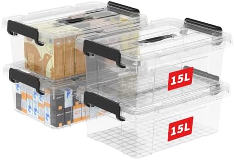 Cetomo Lidded Storage Bin with Handle, Storage Bins with Lid, Organizing Container with Secure Latching Buckles, Stackable and Nestable, Plastic, 18 Quart-4 Pack, Clear