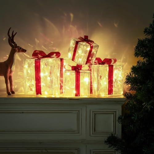 Set of 4 Christmas Lighted Gift Boxes, Red Bow Holiday Present Decorations