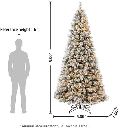 Glitzhome 9ft Pre-Lit Snow Flocked Artificial Pine Christmas Tree, Hinged Holiday Christmas Tree with 900 Warm White Lights for Home, Office, Party Decoration