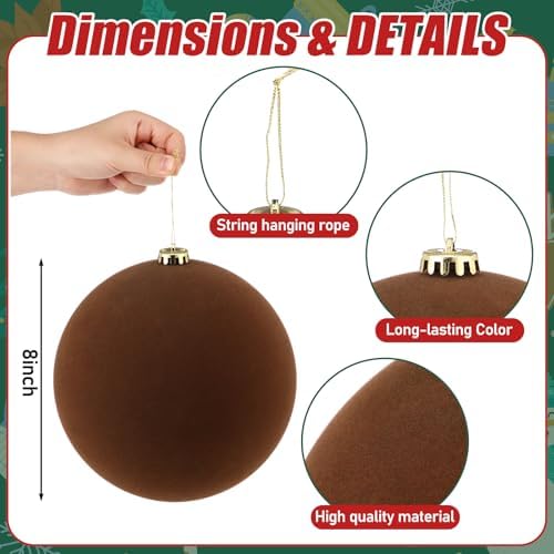 Hollowfly 12 Pcs 8 Inch Extra Large Velvet Christmas Balls Oversized Huge Big Christmas Tree Ornaments Balls for Family Holiday Xmas Tree Hanging (Brown)