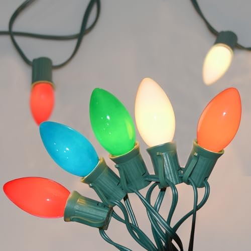 SUNSGNE 25Ft Christmas Lights Outdoor, C9 Multicolor Christmas Lights with 26 Colored Ceramic Incandescent Bulbs for Holiday, Xmas, Roofline, Wedding- Green Wire