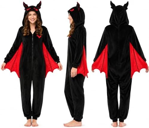 Adult Bat Costume Pajamas Flannel Hooded Onesie with Wings for Halloween