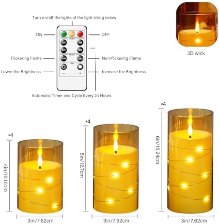 kakoya Flameless LED Candles with Timer 12 Pc Flickering Flameless Candles for Romantic Ambiance and Home Decoration Stable Acrylic Shell,with Embedded Star String，Battery Operated Candles(Gold)