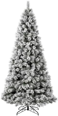 Glitzhome 9ft Pre-Lit Snow Flocked Artificial Pine Christmas Tree, Hinged Holiday Christmas Tree with 900 Warm White Lights for Home, Office, Party Decoration