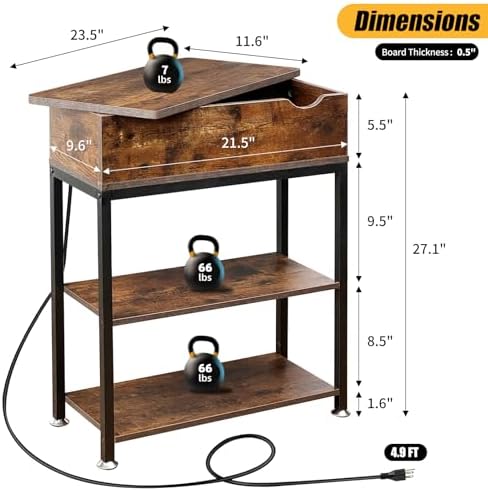 Rotating Top End Table with Charging Station, 24" W x 12" D x 27" H, Brown