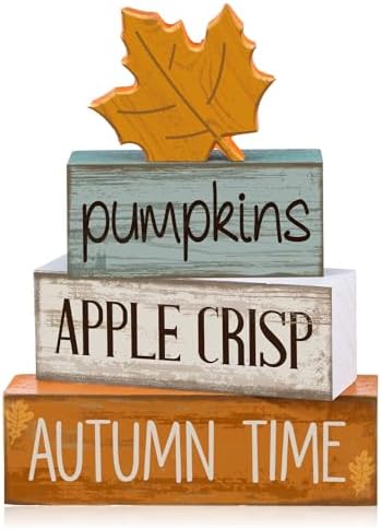Lineshading 4 Pcs Fall Table Decor for Home, Wooden Maple Leaves Block Sign