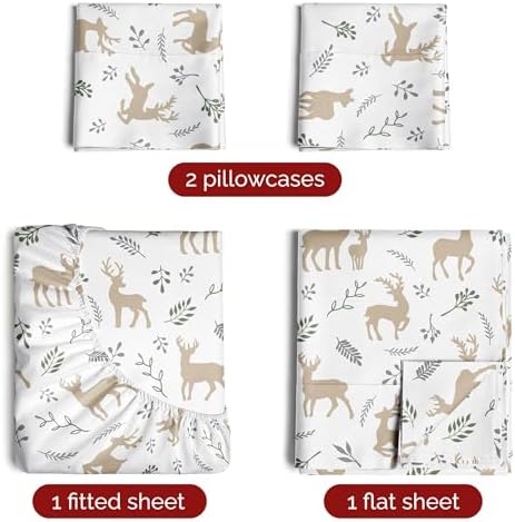 Christmas Sheet Set, Reindeer, Festive Holiday Xmas Bedding Set - King Size