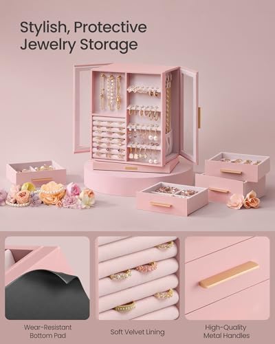 SONGMICS Jewelry Box Organizer, 360° Rotating, 5 Drawers, Jelly Pink