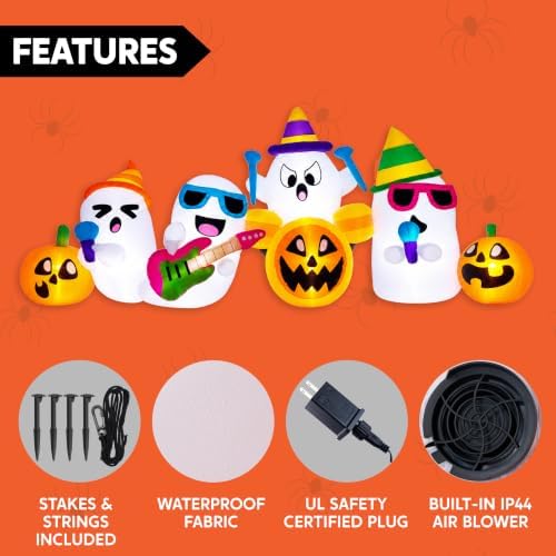 Joiedomi 8FT Long Halloween Inflatable Ghost Band with Music, Blow Up Pumpkin Ghost Yard Decorations with Build in LEDs, Inflatable Halloween Outdoor Decorations Indoor Holiday Party Garden Decor