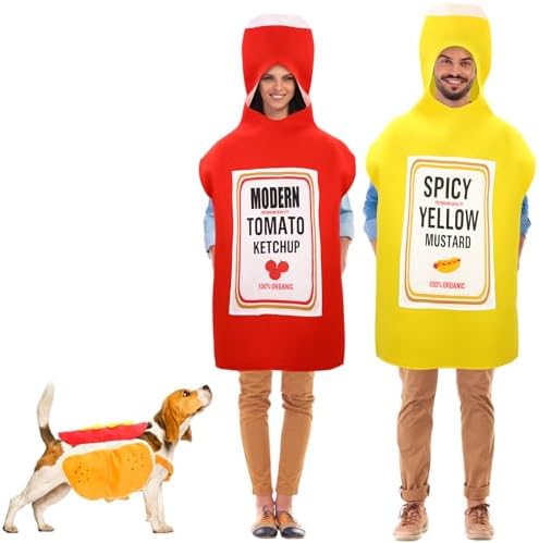 Newcotte 3 Pcs Ketchup and Mustard Couple's Costume, Halloween Food Set