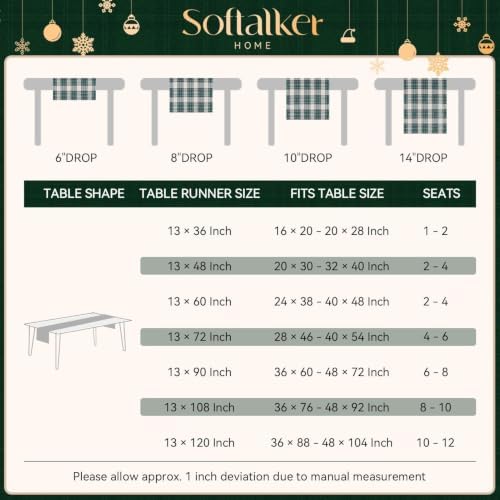 Softalker Christmas Checkered Table Runner, Green and White, 13 x 90 Inch