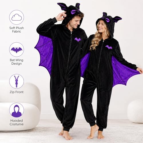 Adult Bat Costume Pajamas Flannel Hooded Onesie with Wings for Halloween