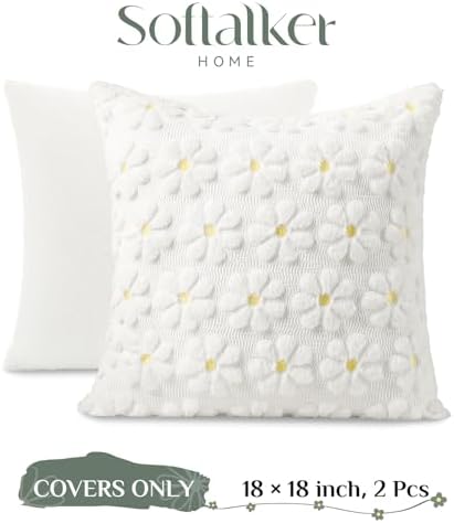 Softalker Spring Summer Decorative Pillow Covers 18 x 18 Inch Set of 2,Outdoor Farmhouse Floral Daisy Soft Faux Fur Cushion Covers, 3D Pillow Cases for Bedroom Living Couch Sofa Home Decor, White