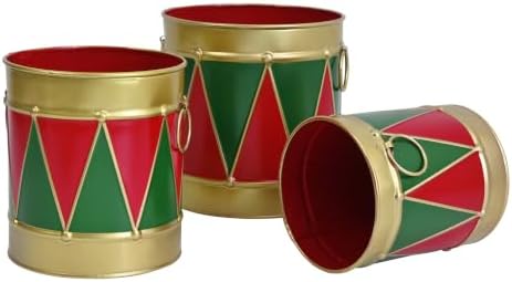3-PCE Christmas Metal Drum Buckets Set - Festive Ice Bucket & Storage for Small Plants/Ornaments/Candies, Round Decorative Pails for Party Table Centerpieces & Home Mantel Display