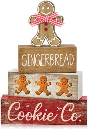 Moucuny 4 Pcs Gingerbread Christmas Table Decor, Gingerbread Man Wood Sign