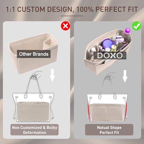 Doxo Purse Organizer Insert for Handbags & Base Shaper 2pc Set, Felt Neverfull GM Organizer Insert, Tote Bag Organizer with Zipper Pocket and Bottle Holder, Fit Neverfull GM and More, Beige-XL