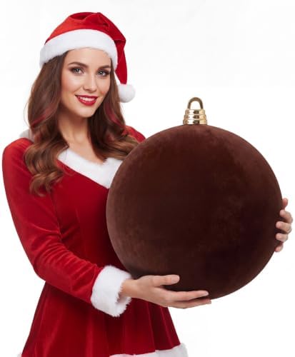 Threan 12 Inch Large Chololate Brown Christmas Ball Ornaments Giant Oversized Plastic Velvet Brown Christmas Ball Decoration Shatterproof UV Hanging Ornament for Xmas Tree Outdoor Indoor Hanging Decor