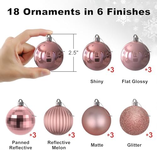 Rose Gold 2.5" Christmas Balls Christmas Tree Decoration Ornaments Shatterproof Hanging Balls for Birthday Halloween Holiday Wedding Decorations Set of 18pcs