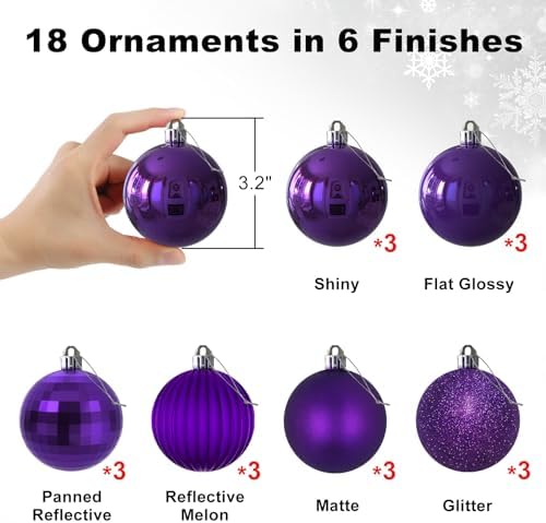 Purple 3.2" Large Christmas Balls - Christmas Tree Decoration Ornaments Shatterproof Hanging Balls for Birthday Halloween Holiday Wedding Decorations Set of 18pcs