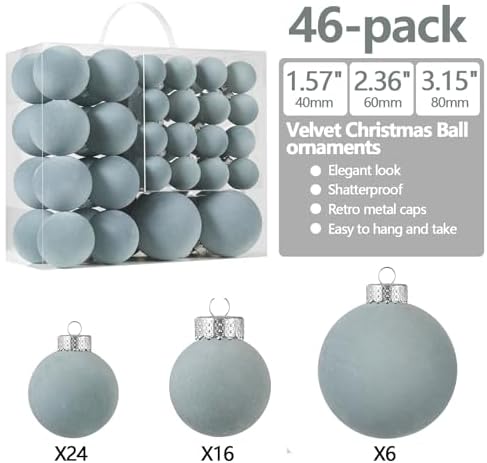 Velvet Christmas Ball Ornaments-46pcs Flocked Shatterproof Tree Decorations