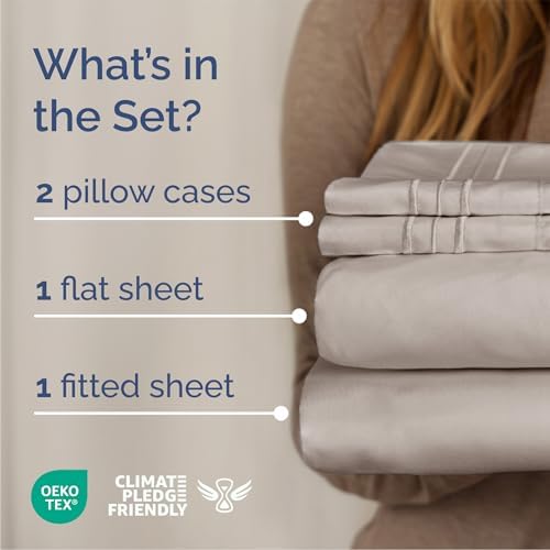 Queen Size 4 Piece Sheet Set - Breathable & Cooling Sheets - Light Grey