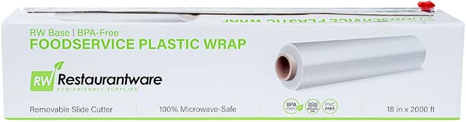 Restaurantware RW Base 18 Inch x 2000 Feet Cling Wrap 1 Roll Microwavable Cling Film - With Removable Slide-Cutter Clear Plastic Food Wrapping Film Securely Seal And Keep Food Fresh