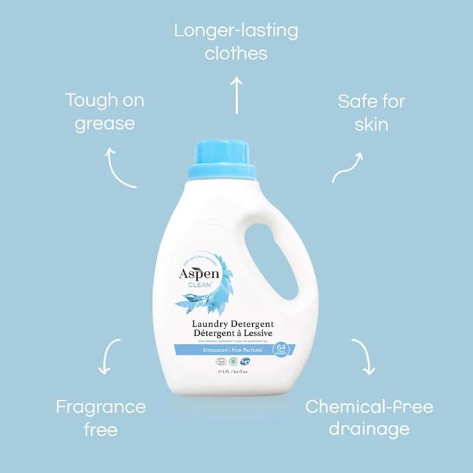 AspenClean | HE Liquid Laundry Detergent | Unscented | Non - Toxic | 100% Natural | EWG Verified | Safe for Babies, Pets & Kids | 64 fl oz