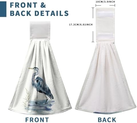 Blue Heron Coastal Hanging Hand Towels Set of 2 Summer Nautical Ocean Beach Themed Kitchen Towels with Hanging Loop Sea Bird Pelican Dish Towel Soft Absorbent Guest Fingertip Bath Towel for Bathroom