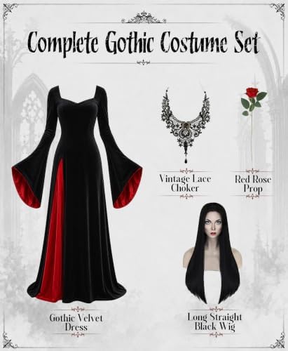 Morticia Addams Costume with Wig Women Halloween Gothic Maxi Dress
